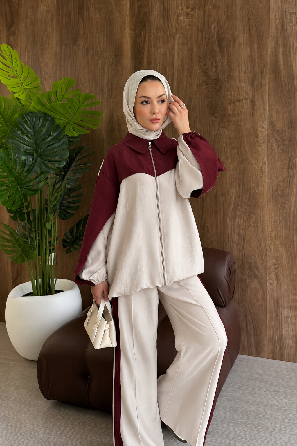 Contrast premium tencel set- burgundy