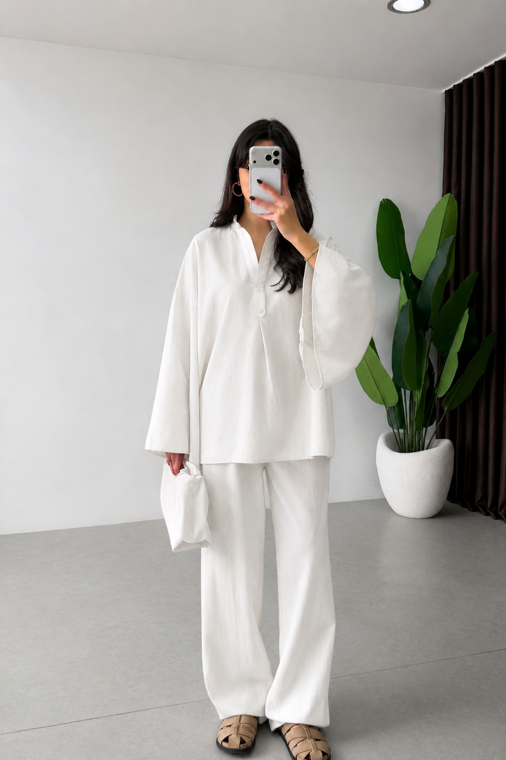 Wide sleeve blouse with waistband straight leg trouser linen set