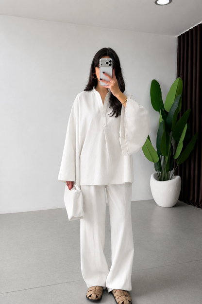 Wide sleeve blouse with waistband straight leg trouser linen set