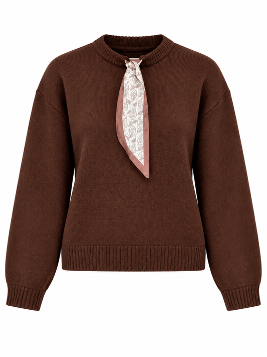 Long Sleeve Sweater with Scarf Tie - Brown