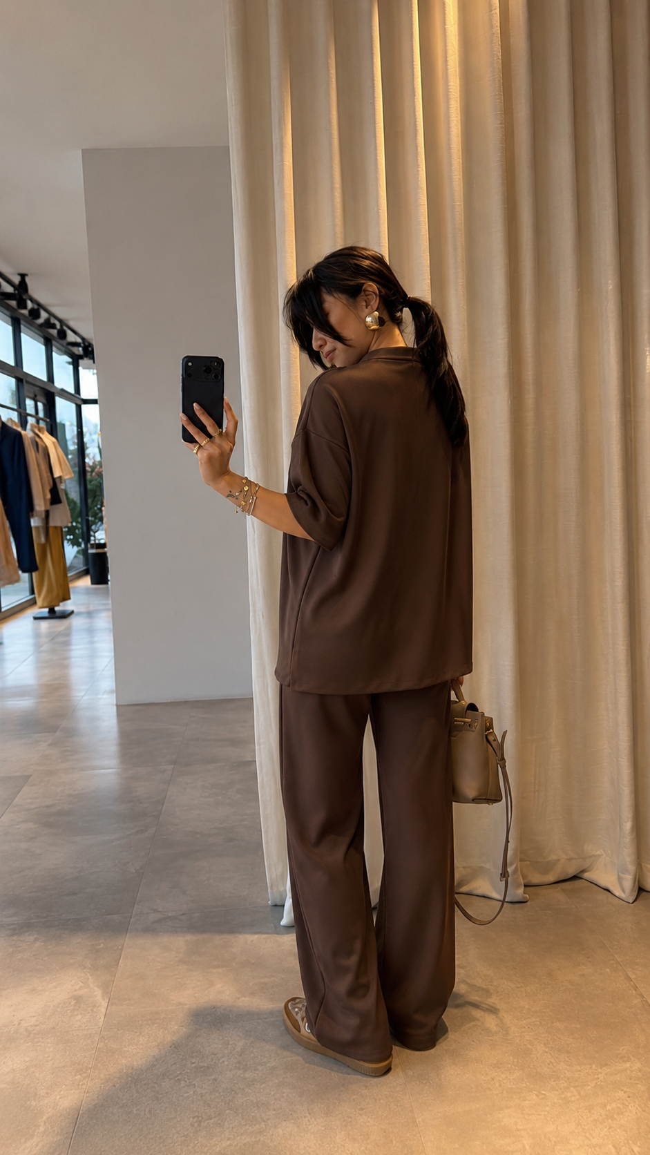 Oysho fabric tracksuit with poplin fabric scarf detail-brown