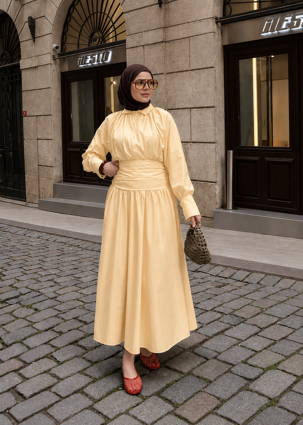 Premium Two-Piece Set Featuring a Waist-Fitting Maxi Skirt and Adjustable-Cuff Sleeve shirt - butter yellow