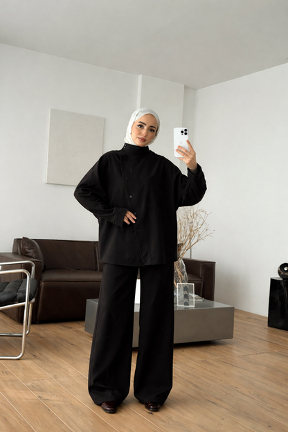 Belted side buttons shirt ,waistband straight leg trouser co-ord set-black