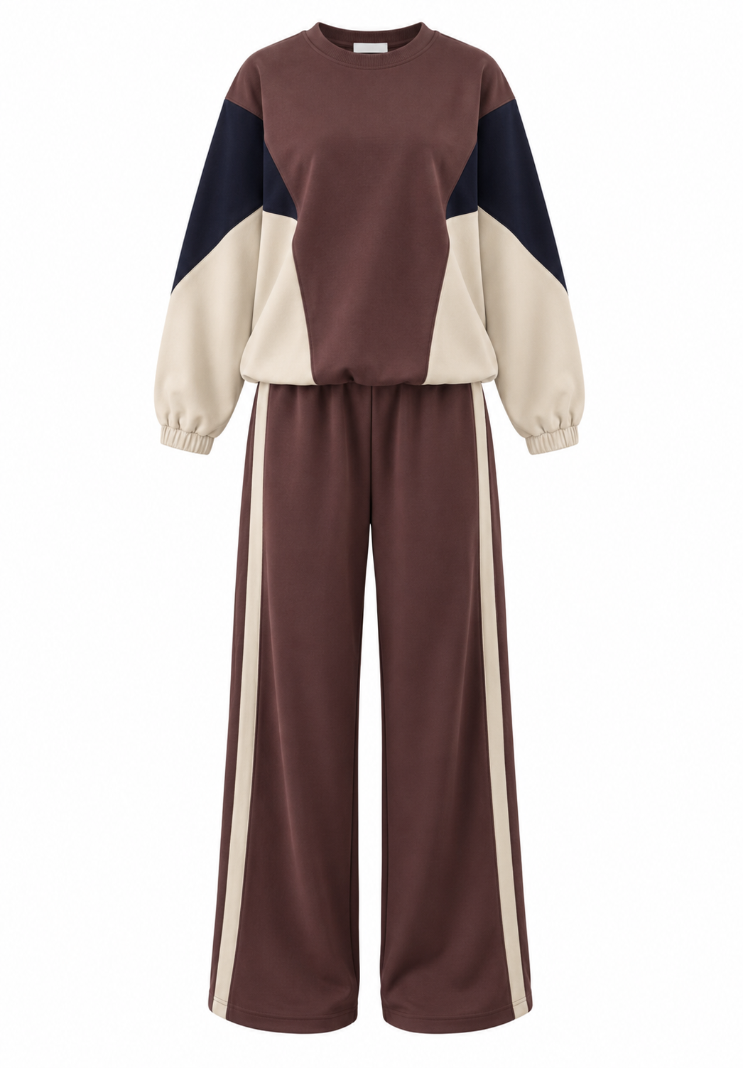 Premium quality contrast Color Block Sweatshirt & Wide-Leg Pants tracksuit - brown