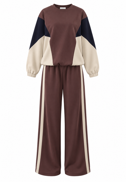 Premium quality contrast Color Block Sweatshirt & Wide-Leg Pants tracksuit - brown
