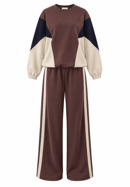 Premium quality contrast Color Block Sweatshirt & Wide-Leg Pants tracksuit - brown