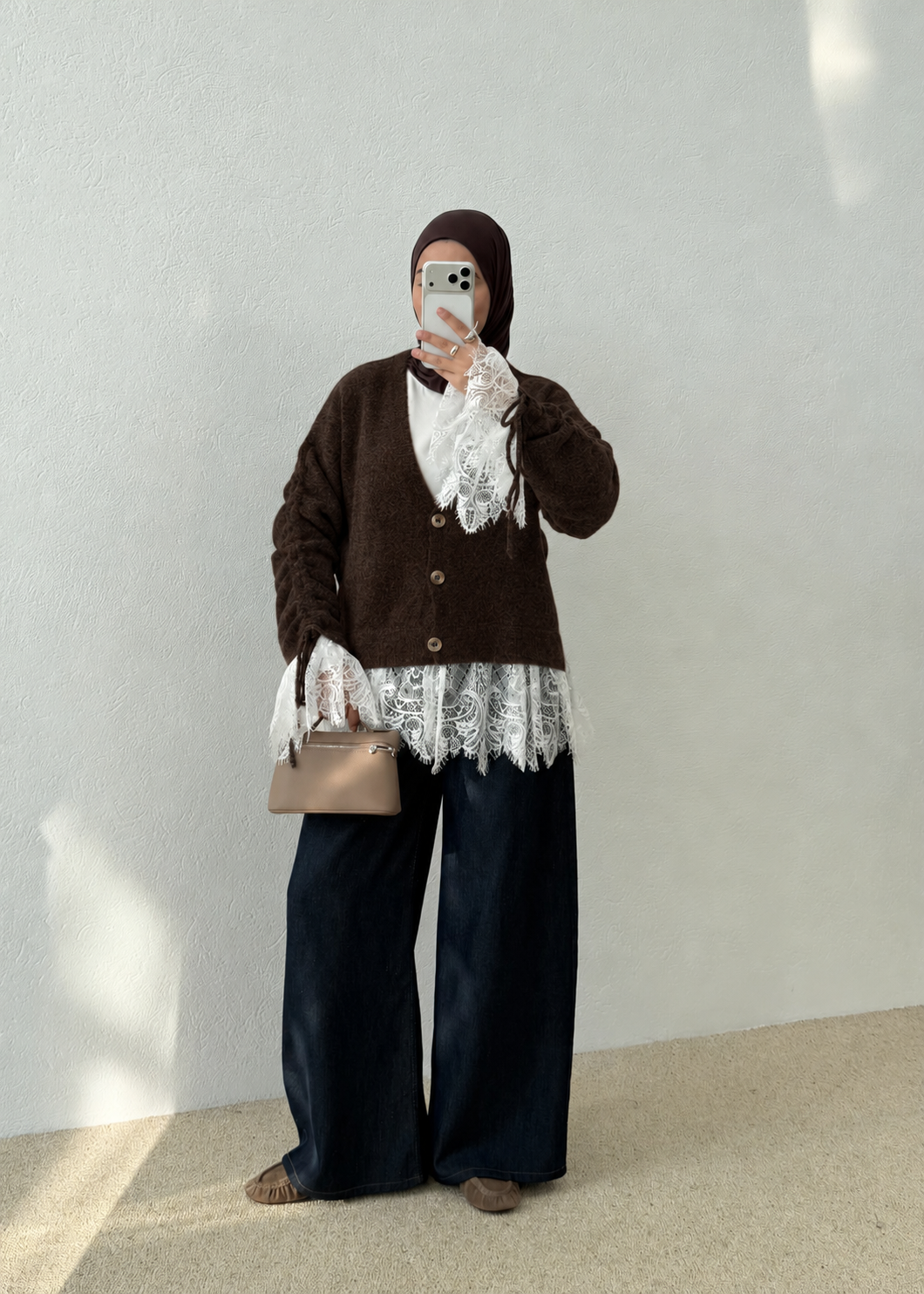 Premium Cardigan with Lace Trim - brown
