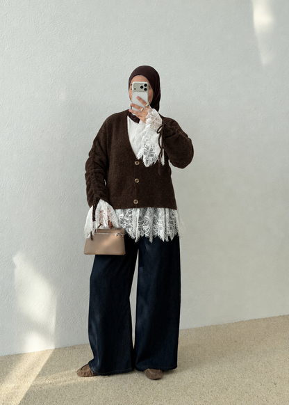 Premium Cardigan with Lace Trim - brown