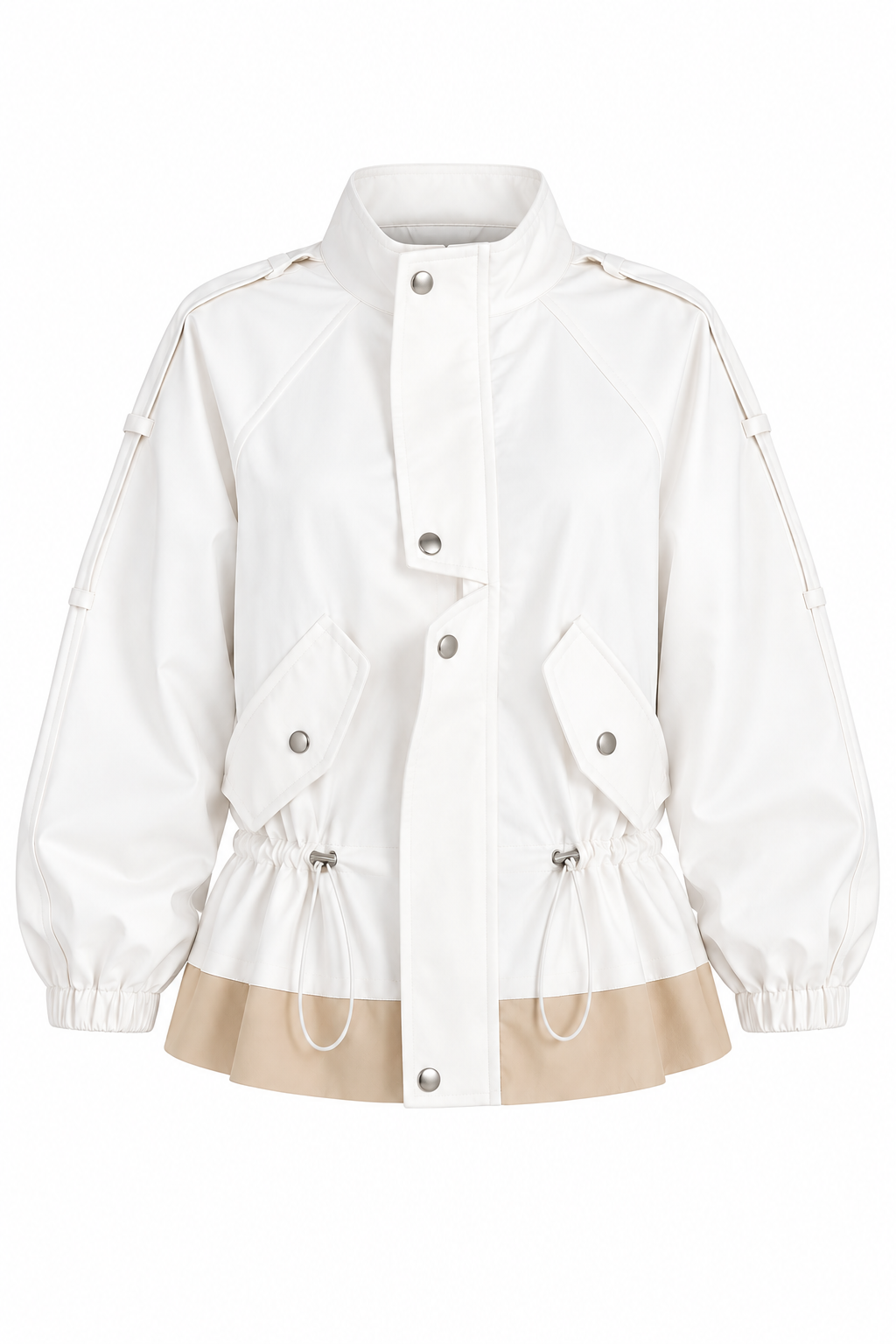 White High-Neck Jacket with Gathered Waist