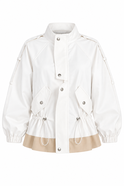 White High-Neck Jacket with Gathered Waist