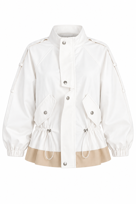 White High-Neck Jacket with Gathered Waist