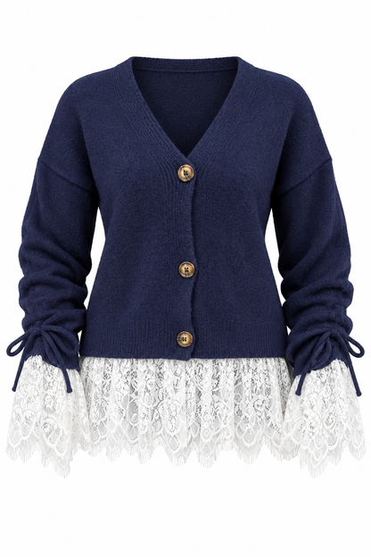 Premium Cardigan with Lace Trim - navy blue