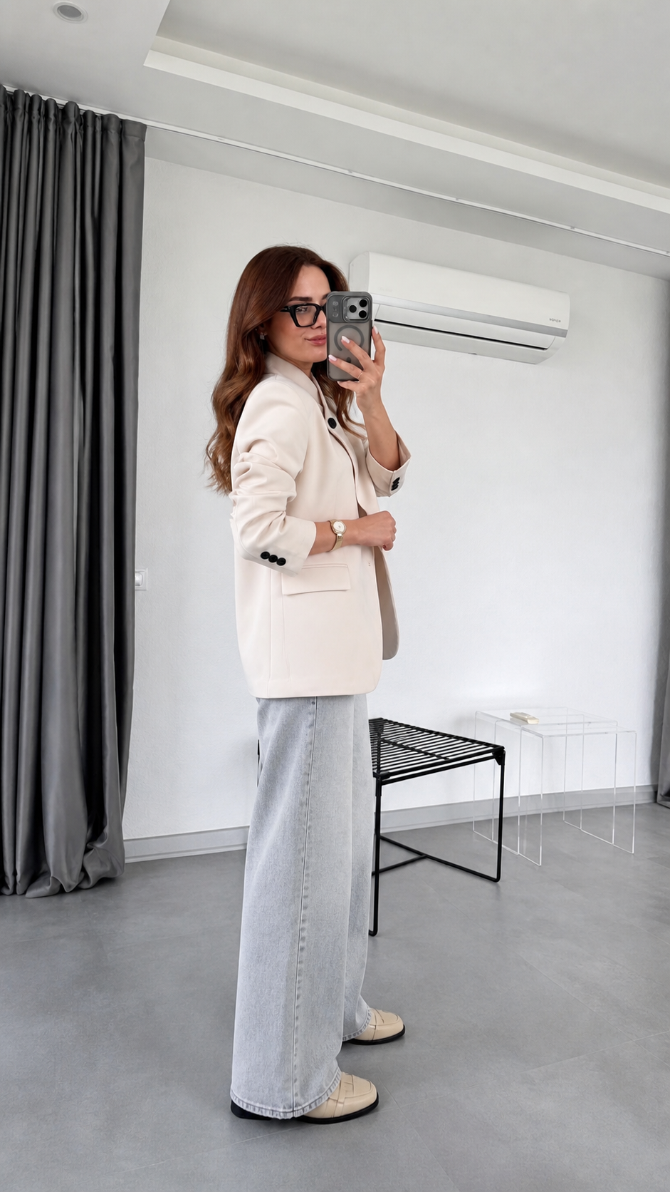 Asymmetrical Mandarin Collar blazer with Button Details - beige