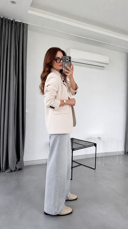 Asymmetrical Mandarin Collar blazer with Button Details - beige