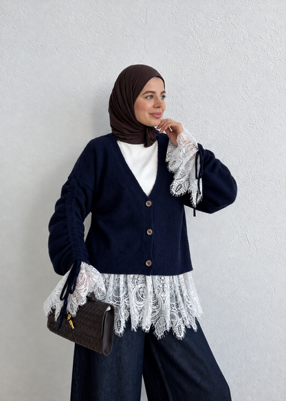 Premium Cardigan with Lace Trim - navy blue