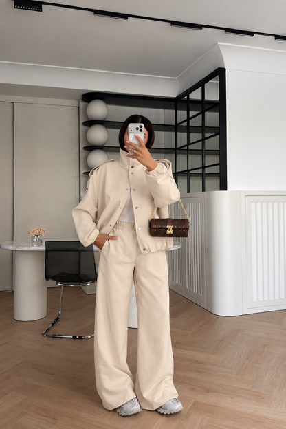 Bomber Suit with Epaulets and Stand-Up Collar - beige