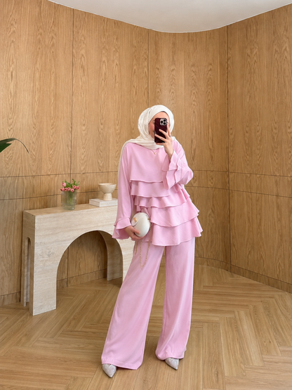 Layered blouse with ruffled sleeves co-ord set- pink