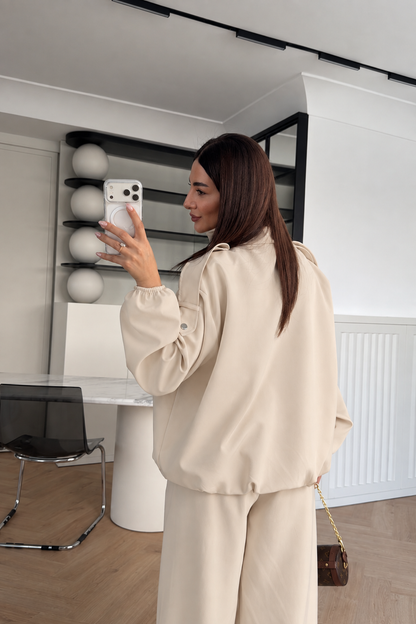 Bomber Suit with Epaulets and Stand-Up Collar - beige