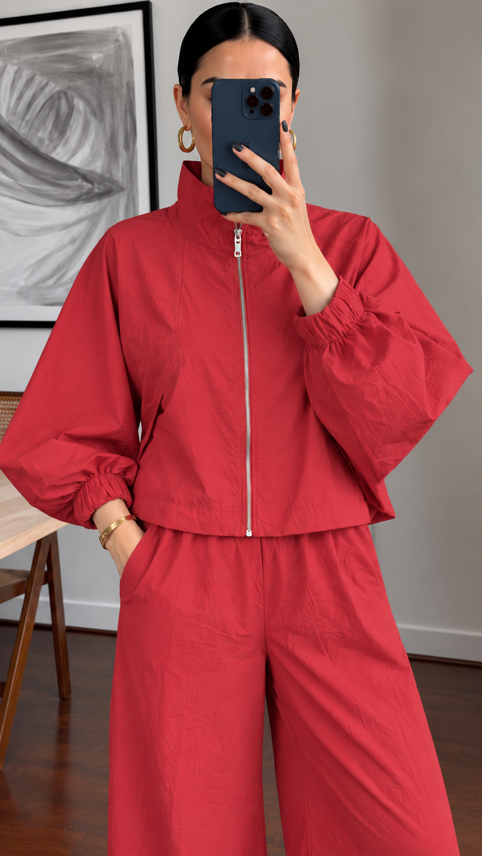 Parachute fabric wide sleeve tracksuit- red