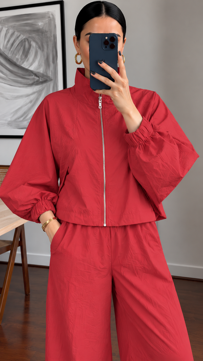 Parachute fabric wide sleeve tracksuit- red