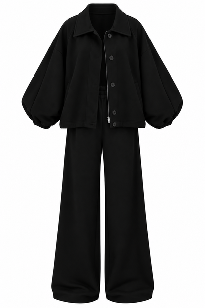 Oversized jacket with waistband straight leg trouser oysho fabric set - black
