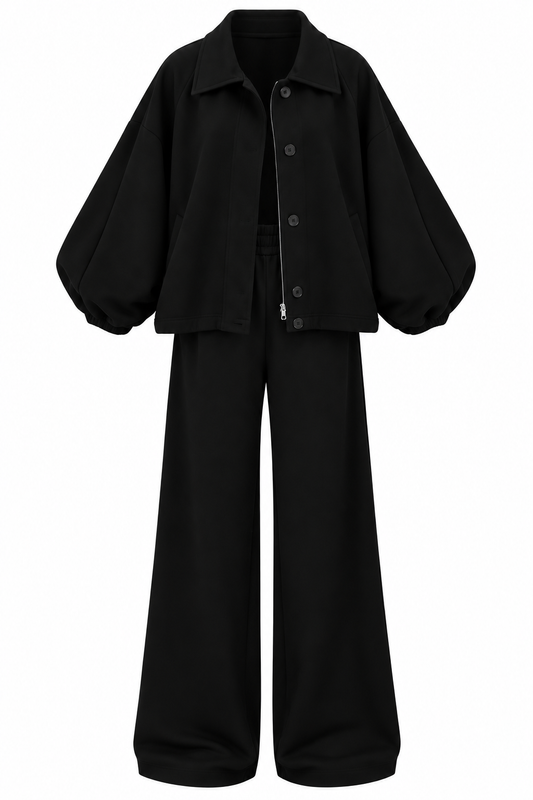 Oversized jacket with waistband straight leg trouser oysho fabric set - black