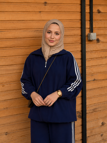 Zip-Up Tracksuit with White Side Stripes - navy blue