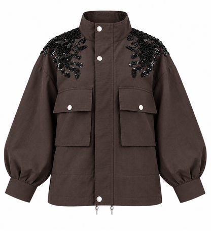 Jacket with gathered sides and sequined shoulders - brown