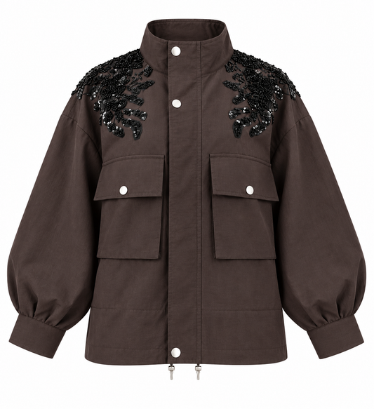 Jacket with gathered sides and sequined shoulders - brown