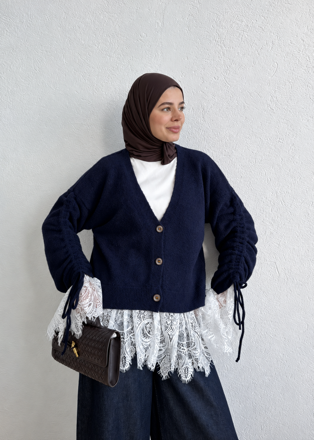 Premium Cardigan with Lace Trim - navy blue