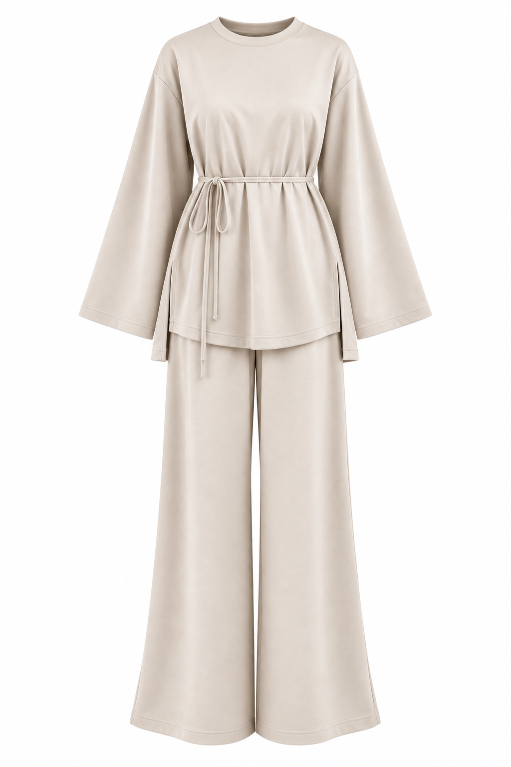 Oversize blouse with waistband wide leg trouser oysho fabric set - beige