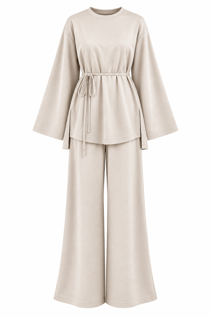 Oversize blouse with waistband wide leg trouser oysho fabric set - beige