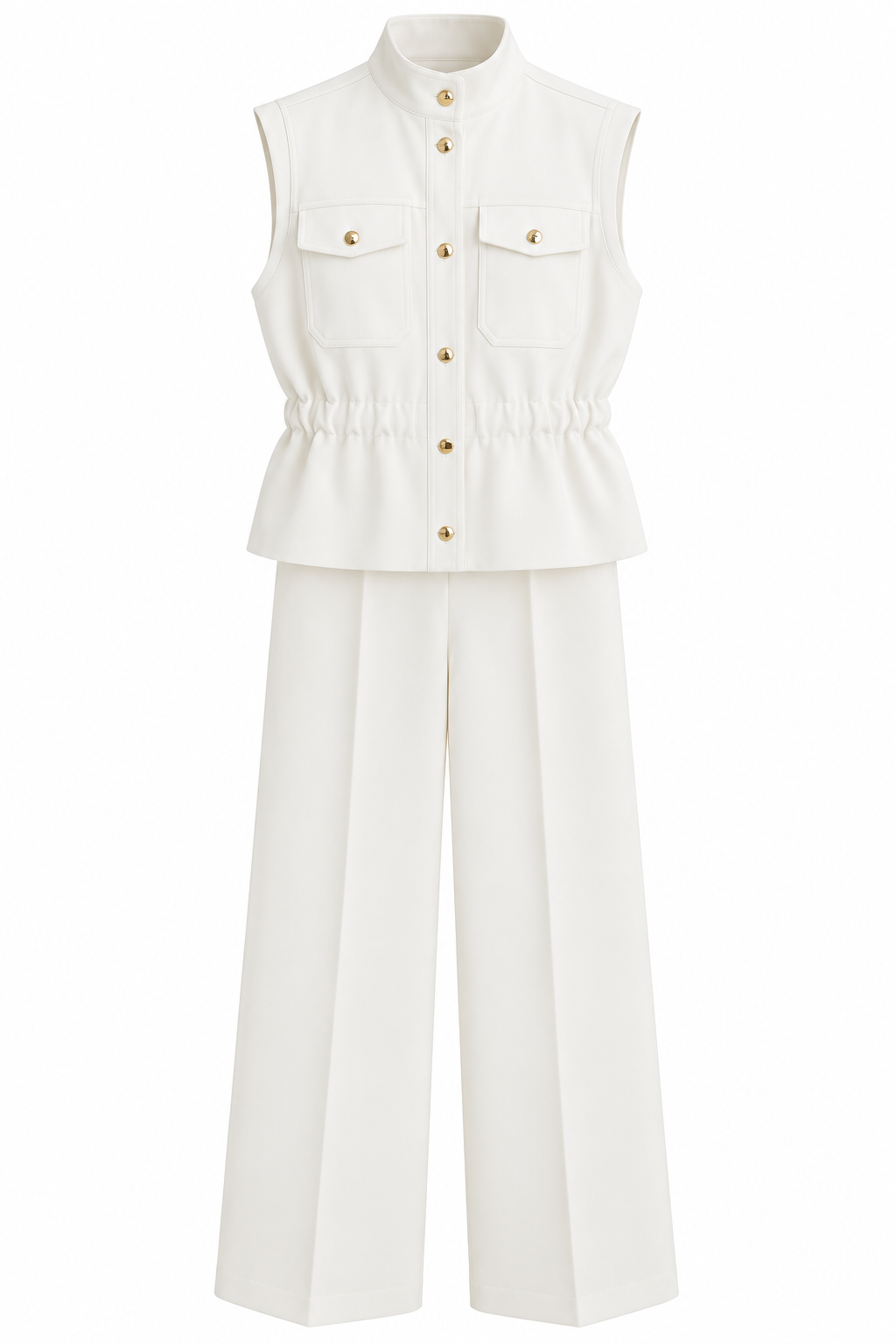 Stand-Up Collar Elastic Waist sleeveless Set - white