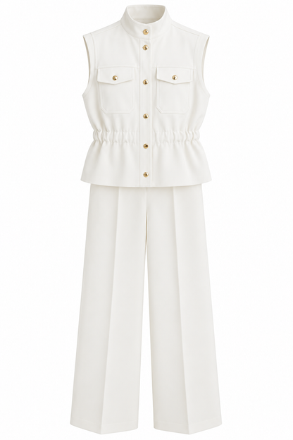 Stand-Up Collar Elastic Waist sleeveless Set - white