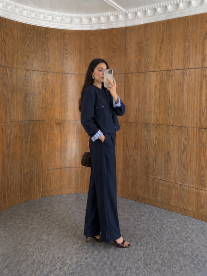 ZR model linen jacket with striped sleeve lining,mom fit trouser co-ord set