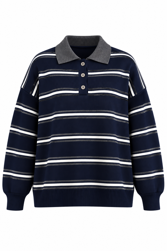 Striped knitted jumper with collar- navy blue
