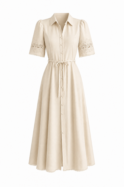 Beige Dress with Lace Detail on Sleeves