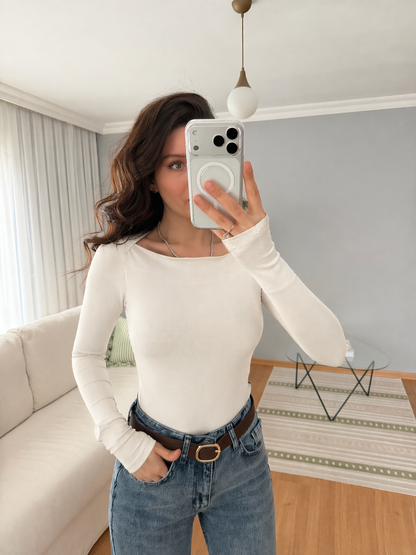 Boat Neck Black Cotton Blouse- off white