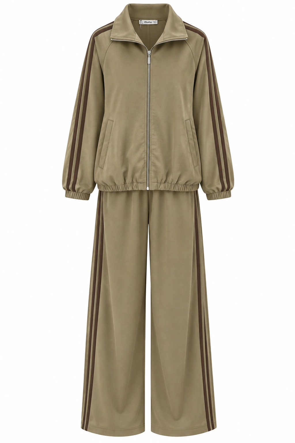 Zip-Up Tracksuit with White Side Stripes - camel