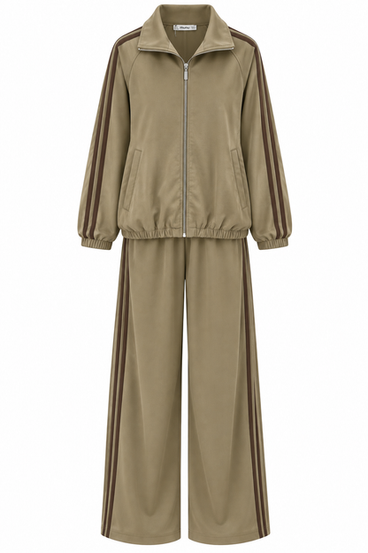 Zip-Up Tracksuit with White Side Stripes - camel