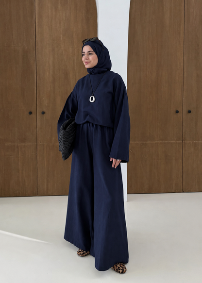 Linen Wide-Leg Blouse Set - navy blue