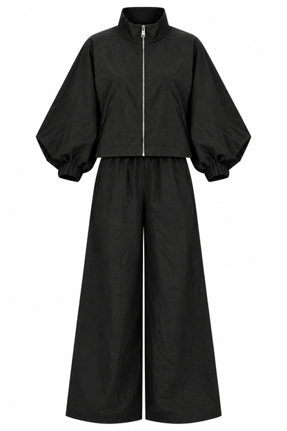 Parachute fabric wide sleeve tracksuit- black