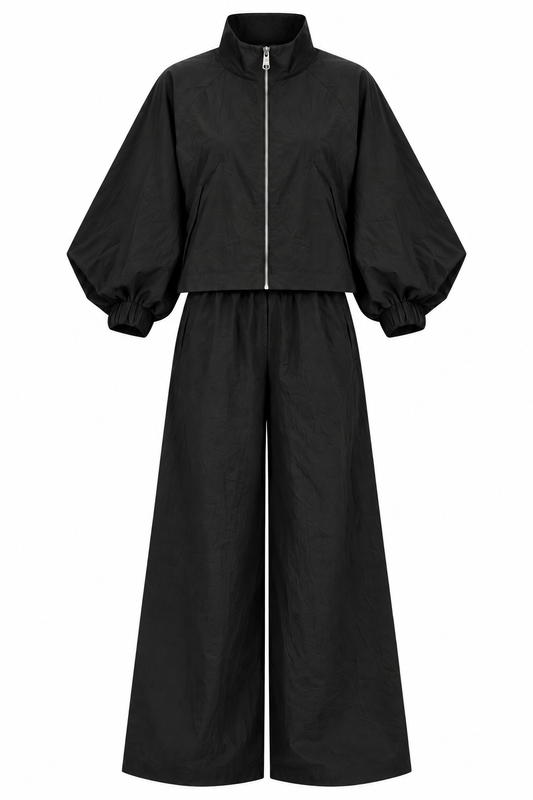 Parachute fabric wide sleeve tracksuit- black