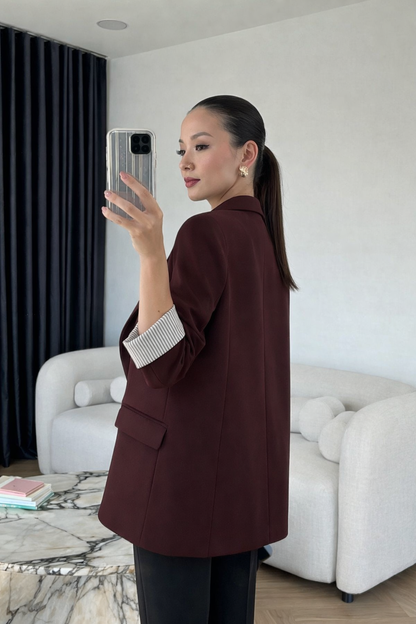 Oversized blazer with striped lining-burgundy