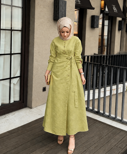 Wrap Dress in Cupro Fabric with Gold Buttons