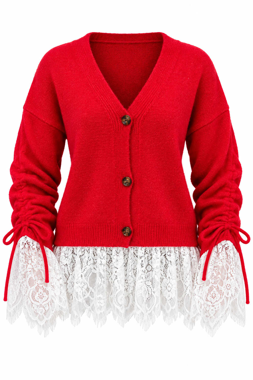 Premium Cardigan with Lace Trim - red