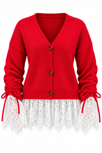Premium Cardigan with Lace Trim - red