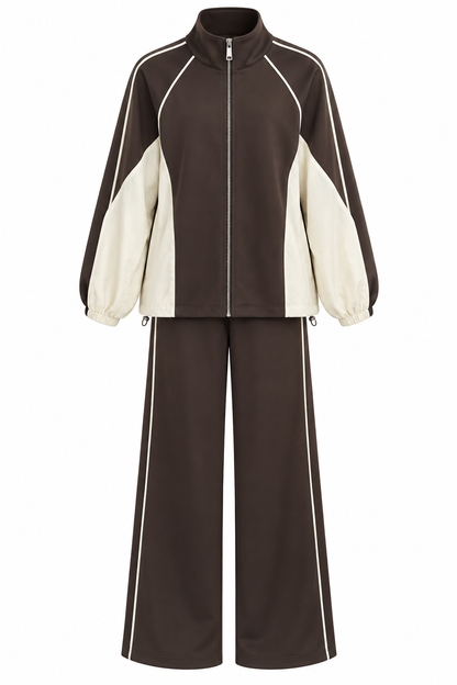 Oversized adjustable waist jacket with Parachute Details, waistband wide leg trouser tracksuit - brown