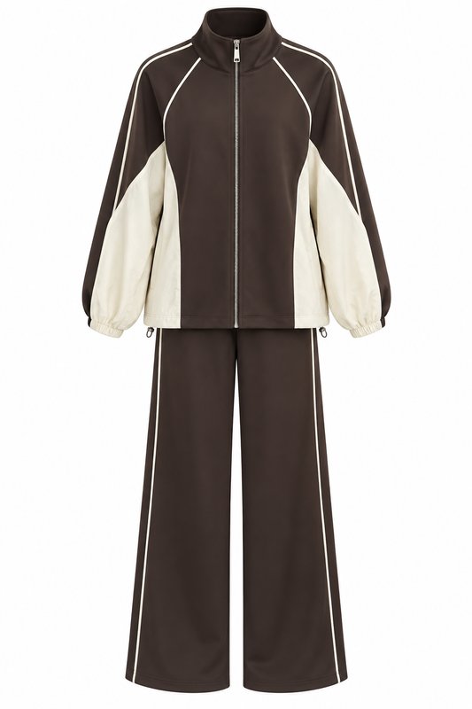 Oversized adjustable waist jacket with Parachute Details, waistband wide leg trouser tracksuit - brown