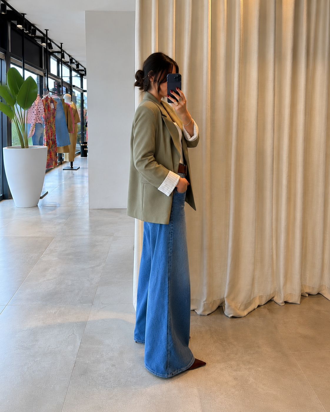 Oversized linen blazer with striped lining - olive green